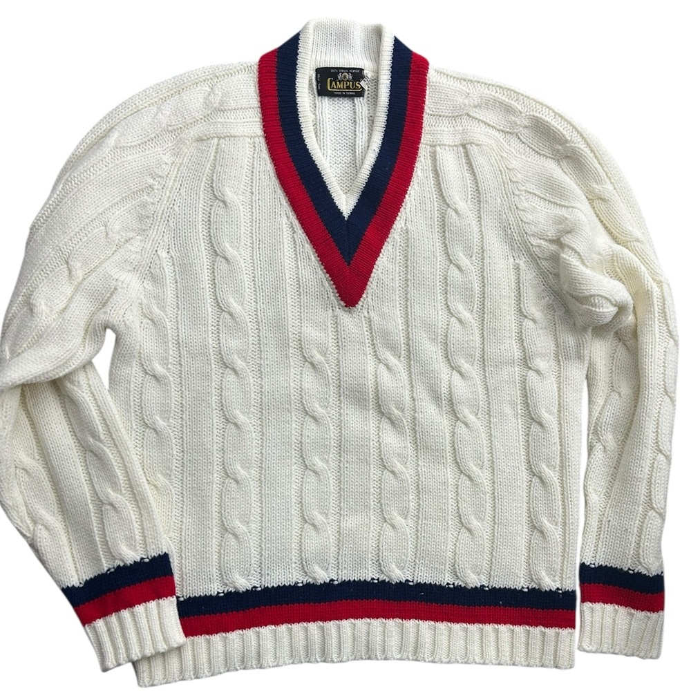 VTG Campus Cable Knit Cricket Sweater Men’s White Red Navy Trim V-Neck‎